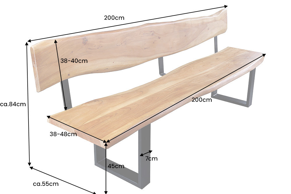 Individuelle Sitzbank ARBOL 200cm Akazie natur Baumkante Rückenlehne