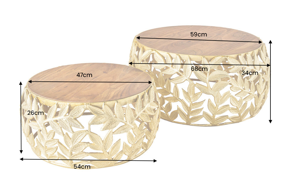 Extravagantes Couchtisch-Set RIXOS-Leaf ca.70cm Metall Akazie