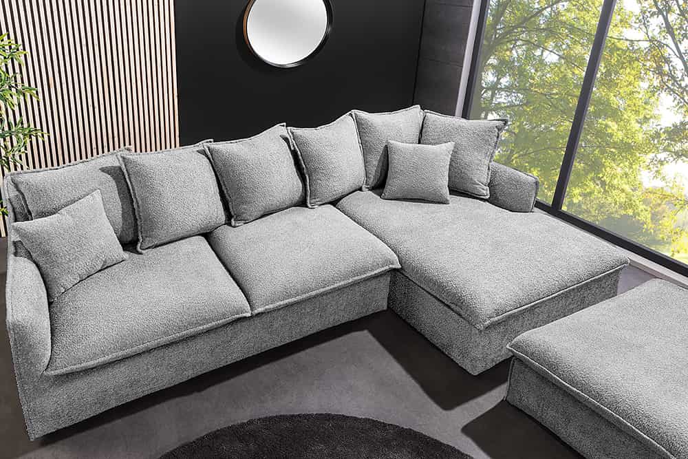 Gemütliches Hussen-Ecksofa PARADISO 255cm Bouclé grau Federkern – LebensWohnArt