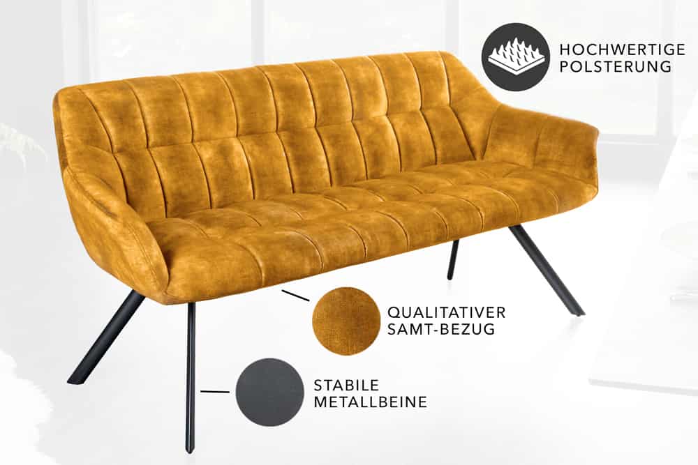 Moderne Sitzbank LYON 165cm Samt senfgelb mit Lehnen