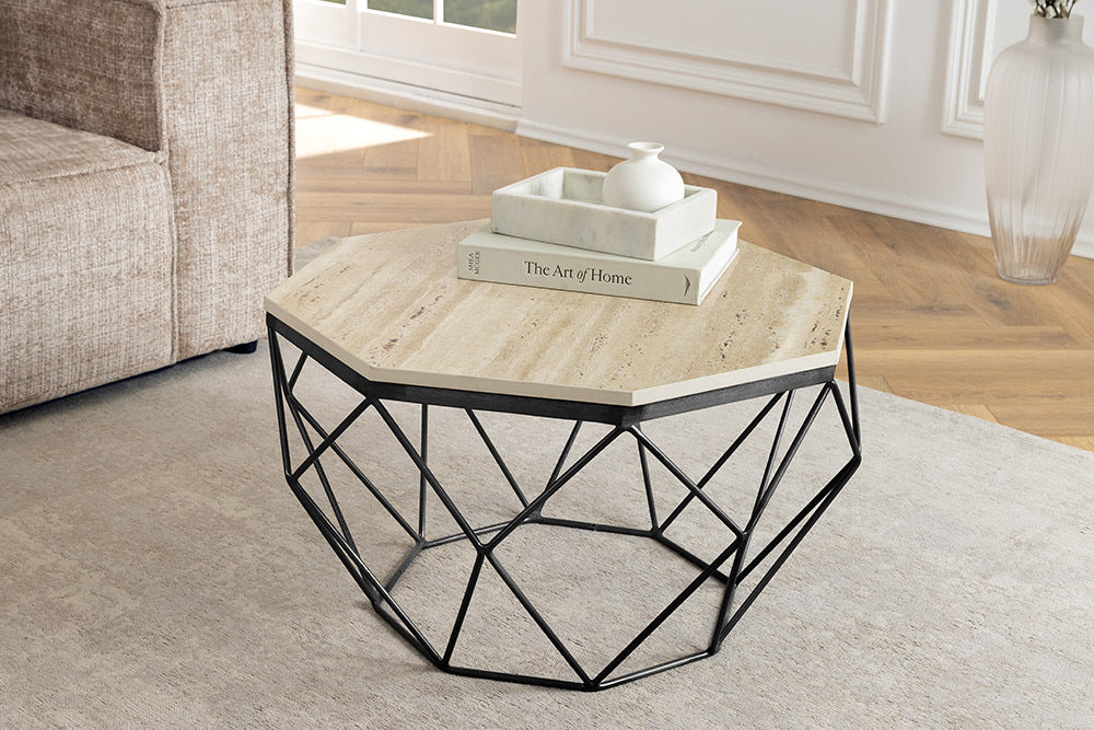 Exklusiver Couchtisch BIJOUX ca.70cm beige Travertin schwarz Metall