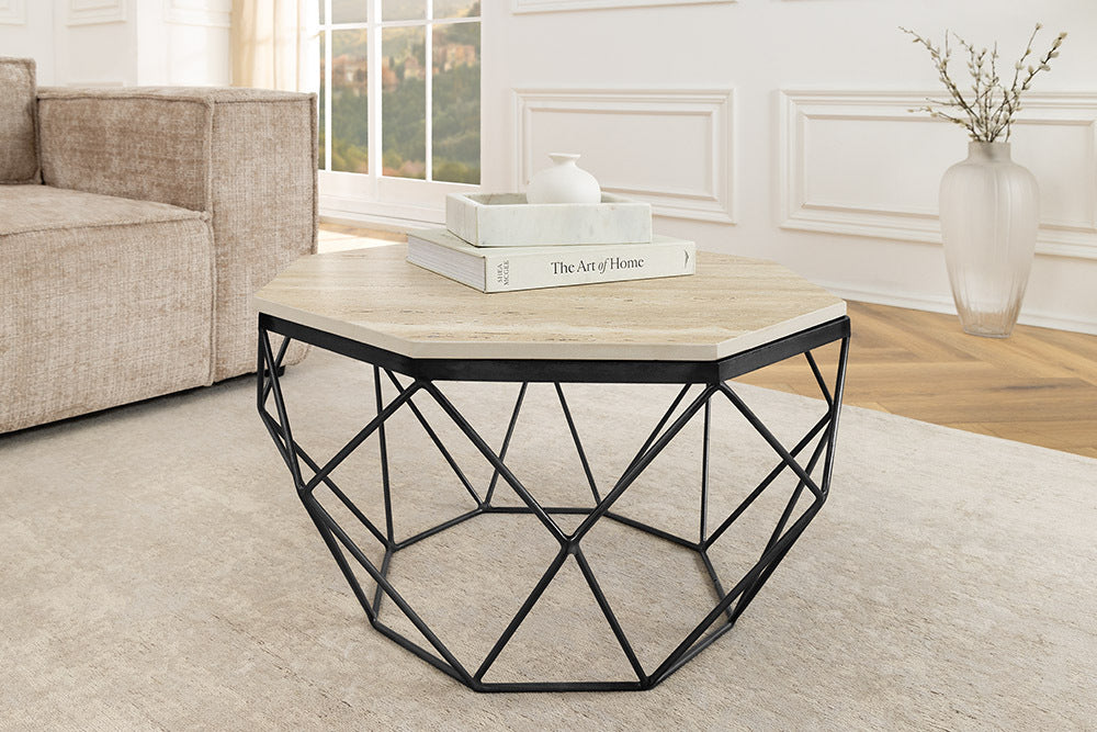 Exklusiver Couchtisch BIJOUX ca.70cm beige Travertin schwarz Metall