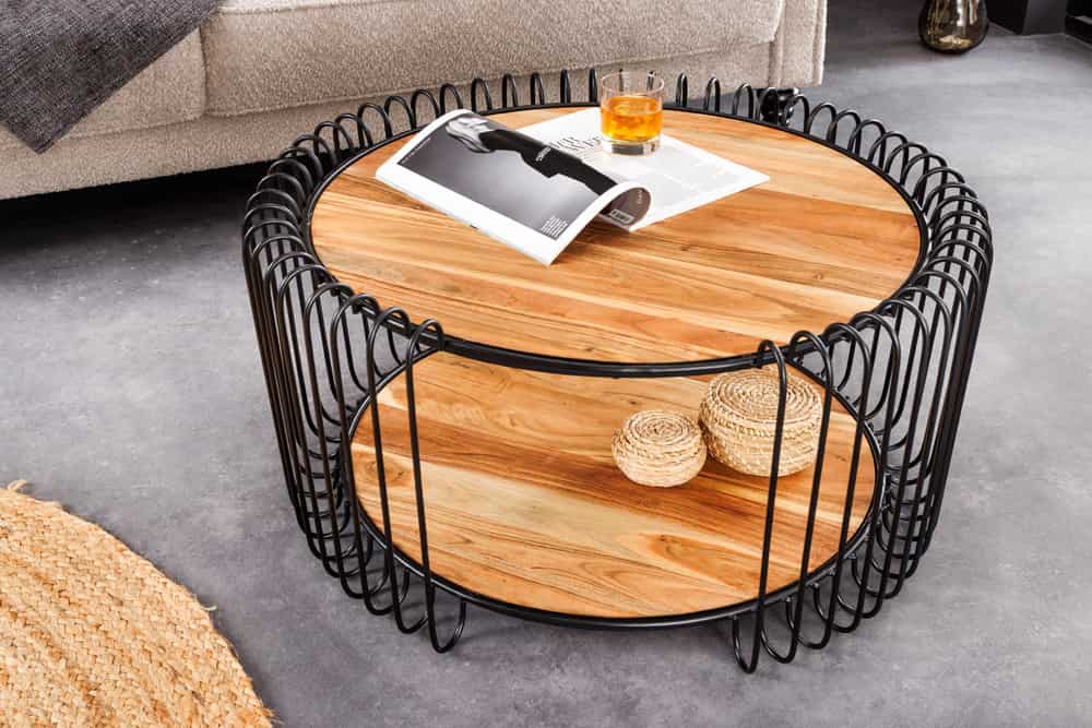 Moderner Massivholz Couchtisch PRAWDA 70cm Akazie natur Eisengestell