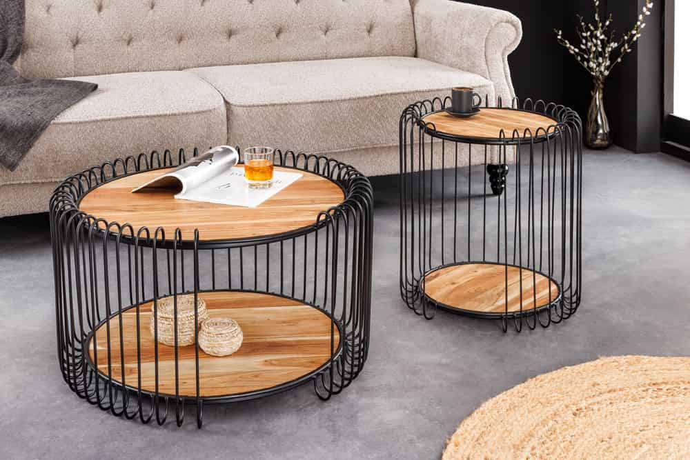 Moderner Massivholz Couchtisch PRAWDA 70cm Akazie natur Eisengestell