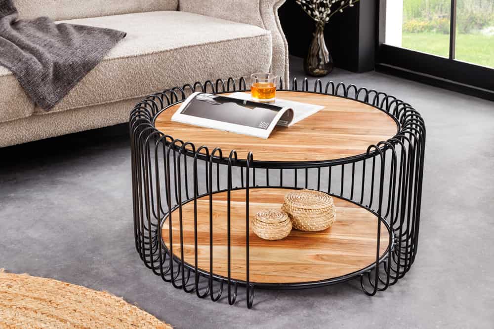 Moderner Massivholz Couchtisch PRAWDA 70cm Akazie natur Eisengestell