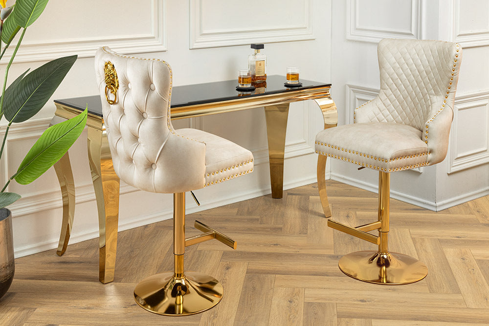 Edler höhenverstellbarer Barstuhl LEON Samt beige Edelstahl Löwenkopf
