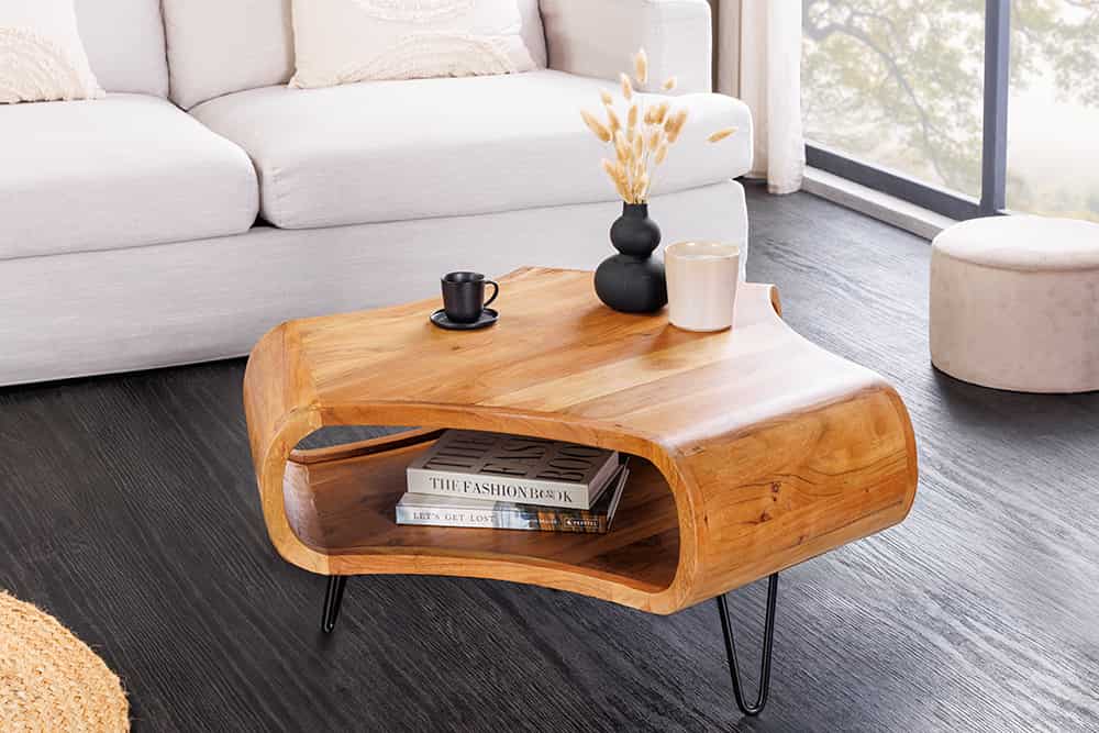 Design Couchtisch LIVE-RANIC 90cm braun Akazienholz mit Stauraum