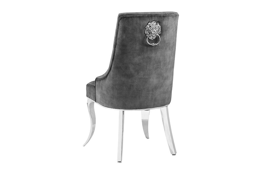 Edler Stuhl LION Samt grau Löwenkopf silber Edelstahl