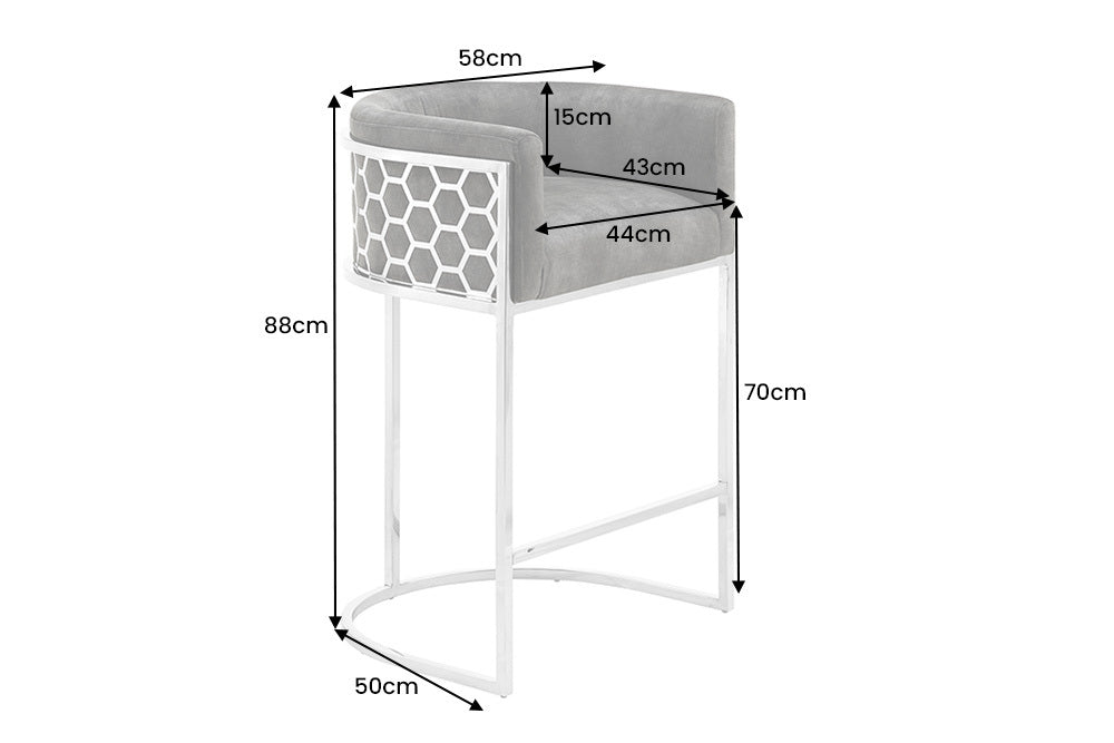 Edler Barhocker LEGANZA grau Samt silber Edelstahl Armlehne