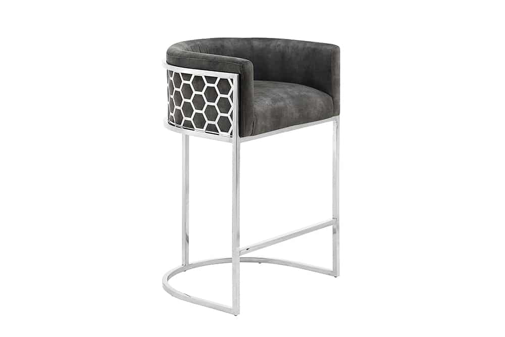 Edler Barhocker LEGANZA grau Samt silber Edelstahl Armlehne