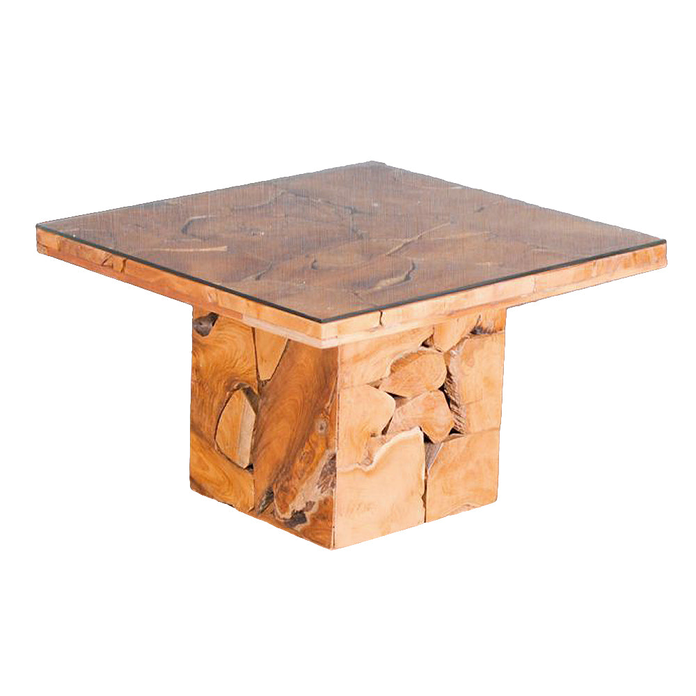 Massiver Couchtisch SQUARE aus Teakholz 80cm mit Glasplatte