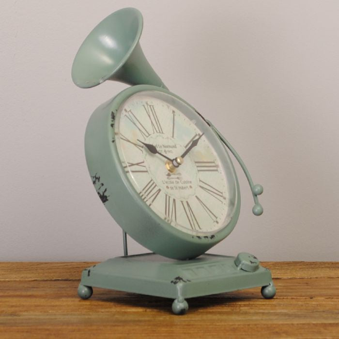 Vintage Tischuhr GRAMOPHONE aus Metall im Retro-Design
