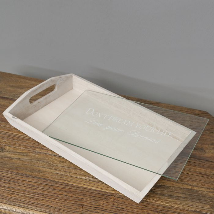 Design Tablett LIVE YOUR DREAMS mit Glasablage 41cm