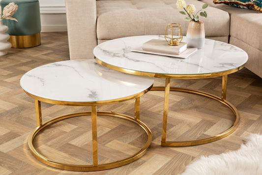 Elegantes Couchtisch 2er Set MARMO 80cm weiss gold Marmor-Dekor