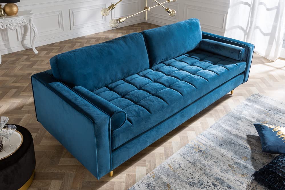 Modernes 3er Sofa 220cm COMFORT blau Samt Federkern – LebensWohnArt