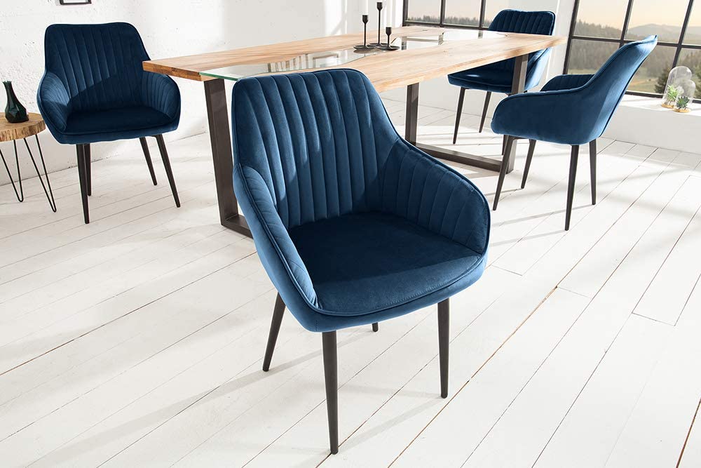 Eleganter Stuhl MILAN Samt blau Ziersteppung Armlehnen