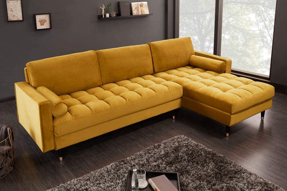 Ecksofa 260cm Ottomane beidseitig COMFORT senfgelb Samt Federkern