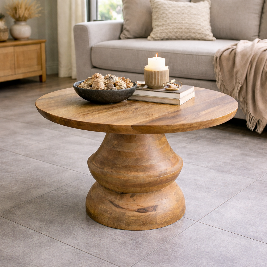 Couchtisch Mangoholz rund 70 cm KITAR-M Wohnzimmertisch natur