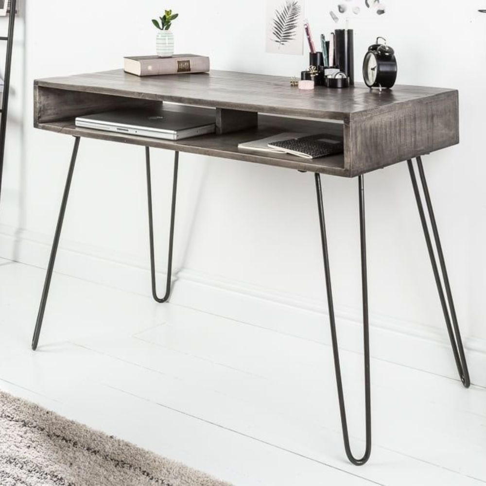 Industrie-Look Schreibtisch ALINA 100cm grau Mangoholz Metallbeine