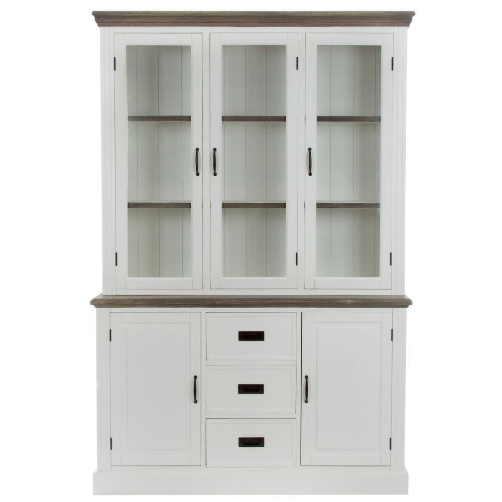 Edler Landhaus Vitrinenschrank 3 Türen CHALET 208cm weiss-braun