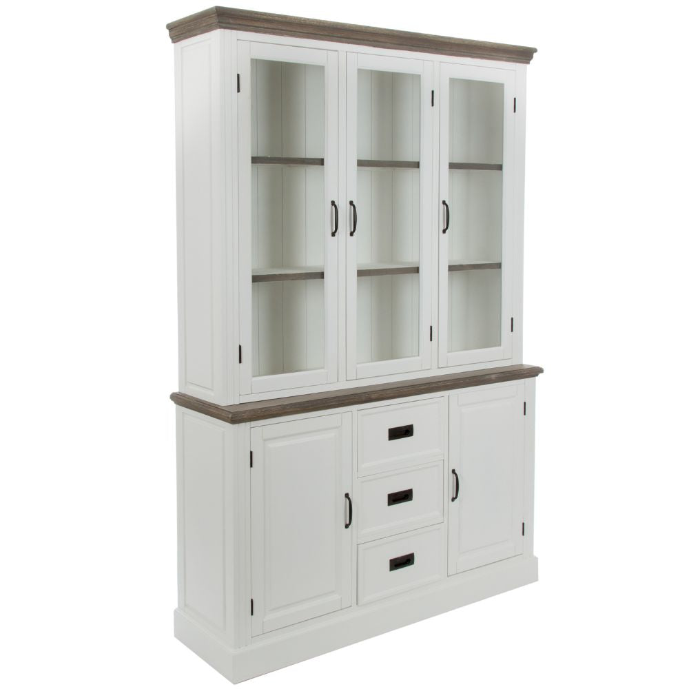 Edler Landhaus Vitrinenschrank 3 Türen CHALET 208cm weiss-braun