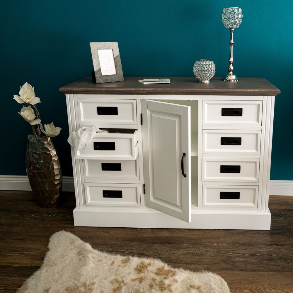 Edles Landhaus Sideboard CHALET 115cm weiss-braun Kommode