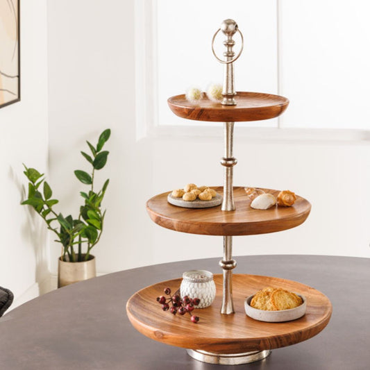 Handgefertigte Etagere ALAM 60cm Akazie natural silber