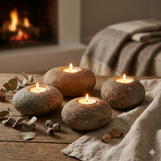 4er Set Teelichthalter Flussstein Unikate Eicherbecher Handarbeit