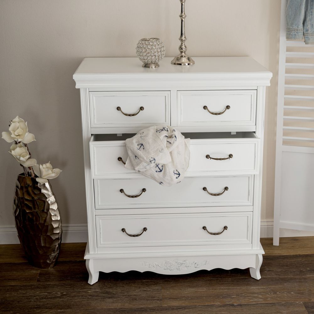 Romantische Kommode AMORE mit 5 Schubladen weiss H95cm Highboard