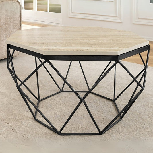 Exklusiver Couchtisch BIJOUX ca.70cm beige Travertin schwarz Metall