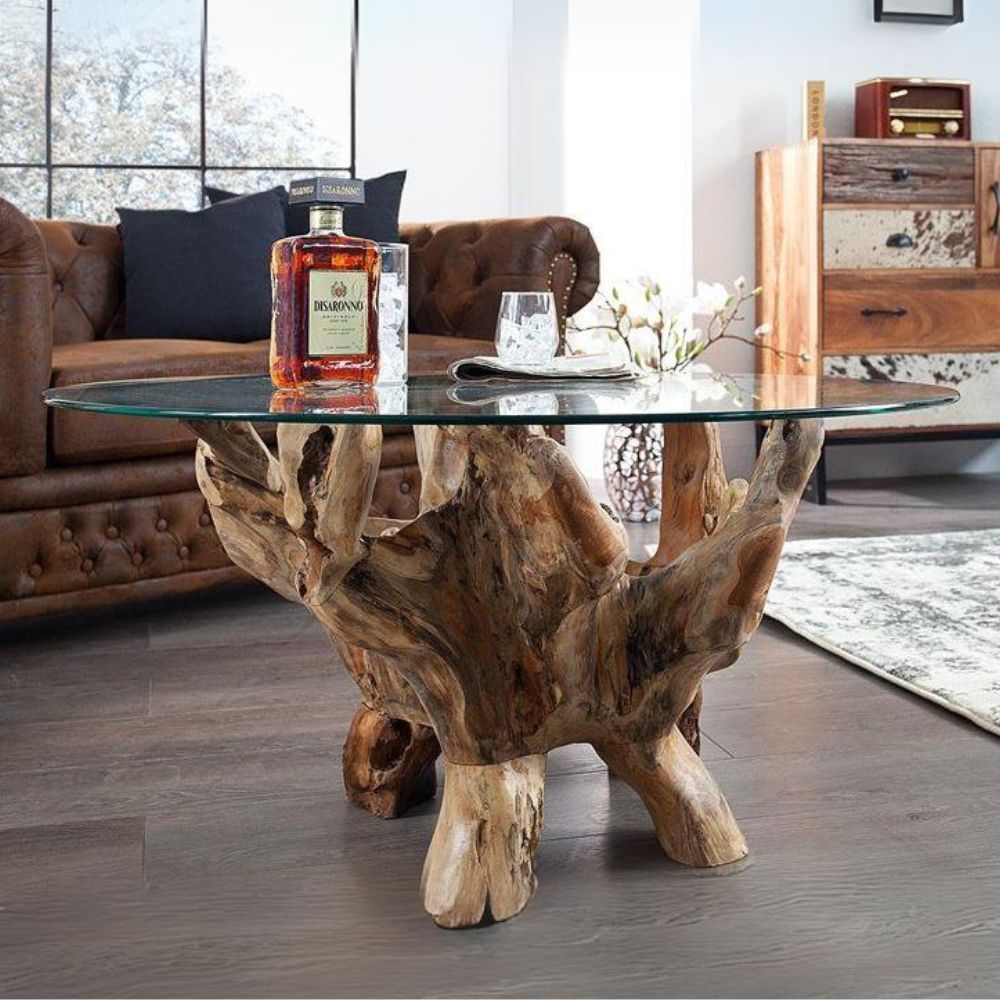Individueller Teak Couchtisch ZONAS natural 110cm mit Glasplatte – LebensWohnArt