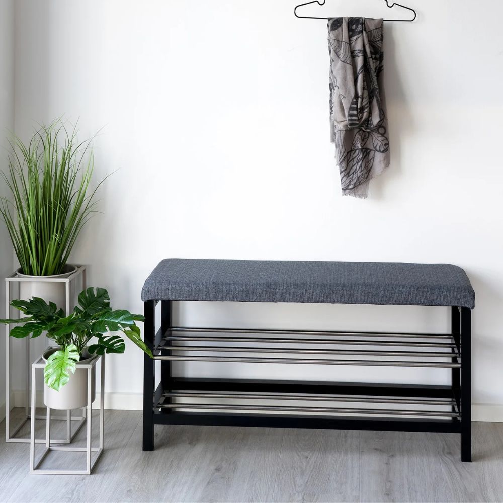 Moderne Bank DOVER grau/schwarz zwei Regalböden ca. 100cm