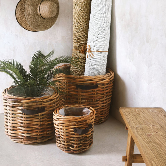 Dickes CL Rattan Pflanzkorb CESTINO natural ca.D65cm Ledergriffe