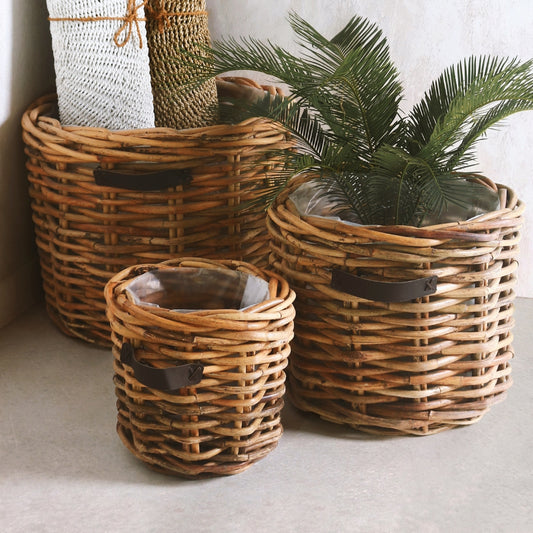 Dickes CL Rattan Pflanzkorb CESTINO natural ca.D50cm Ledergriffe