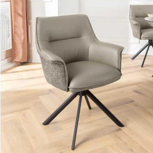 Drehbarer Echtleder Stuhl GEORGE taupe mit Armlehne Strukturstoff