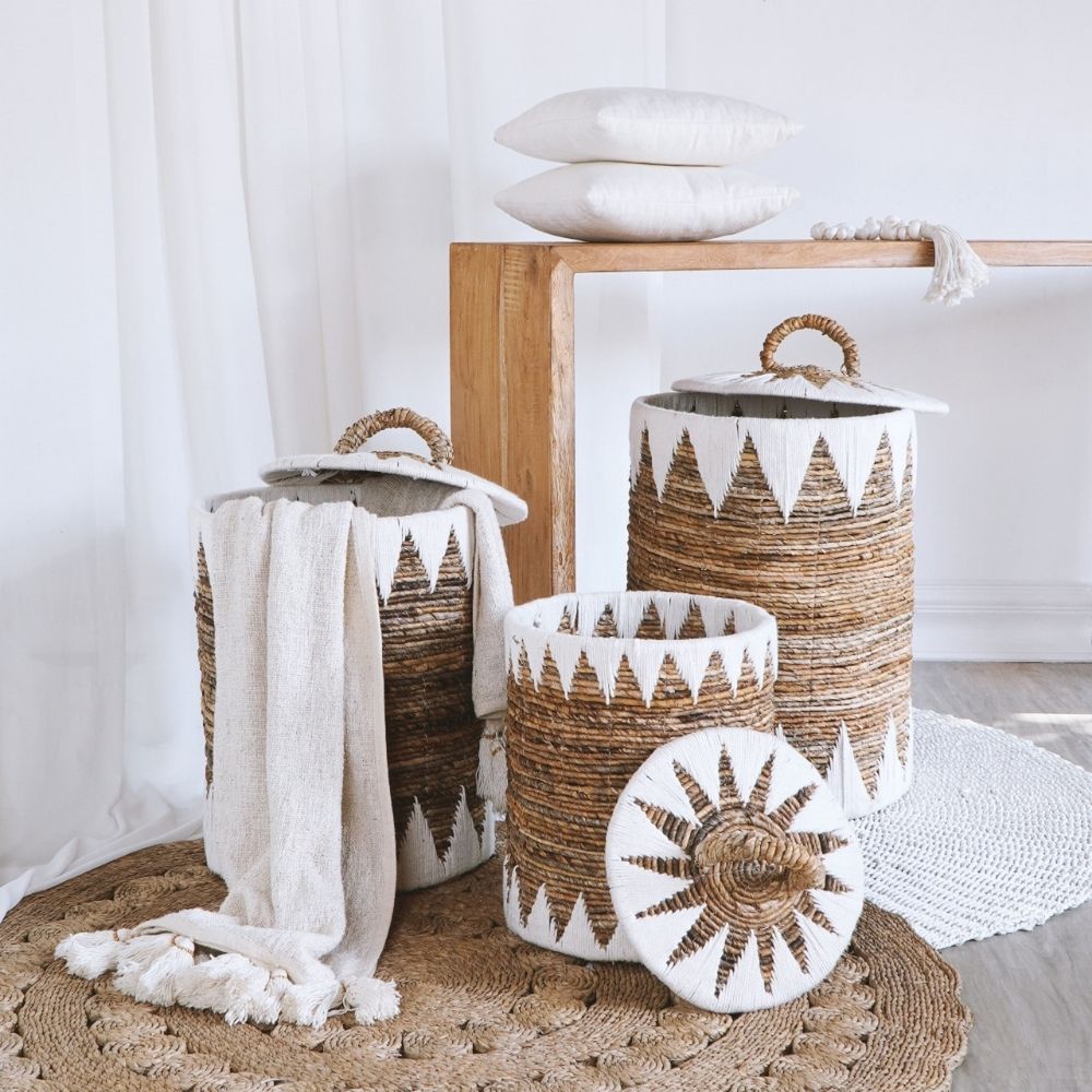 3-tlg. Korbset RUSH 65cm rund Binsen geflochten natural Handmade – LebensWohnArt