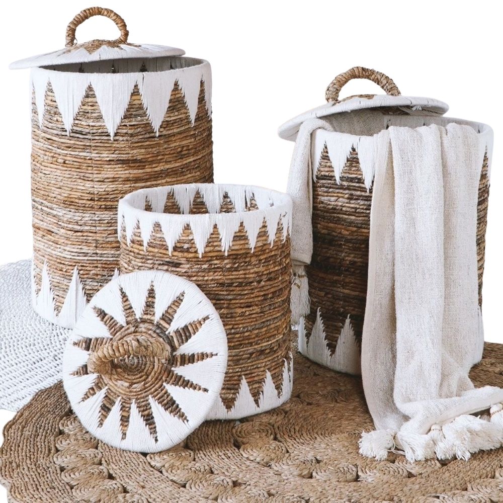 3-tlg. Korbset RUSH 65cm rund  Binsen geflochten natural Handmade