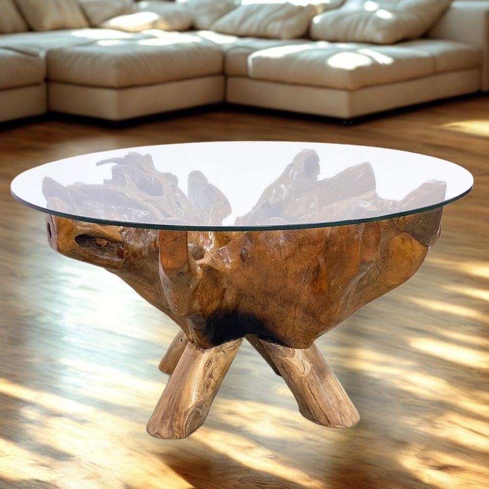 Individueller Teak Couchtisch ZONAS natural 80cm mit Glasplatte