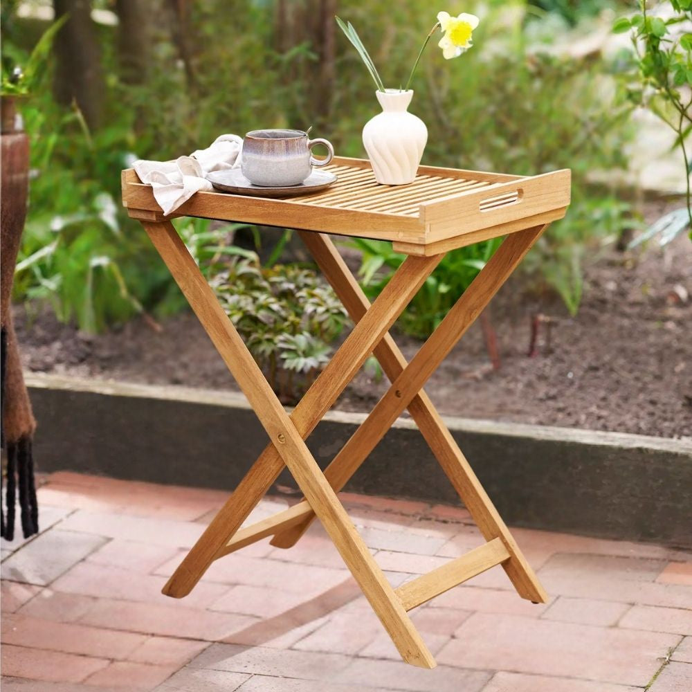 Klappbarer Teak Tablett-Tisch FLEX 70cm natural Beistelltisch – LebensWohnArt