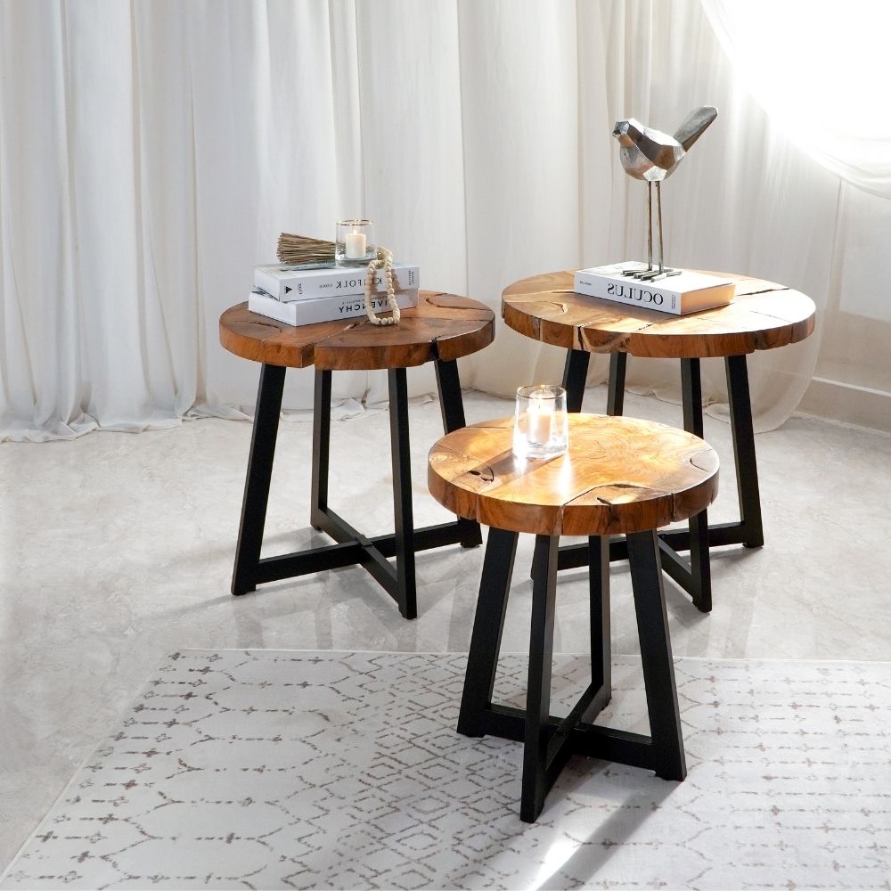 Runder Massivholz Couchtisch BAGIAN 80cm Teak natural Metall