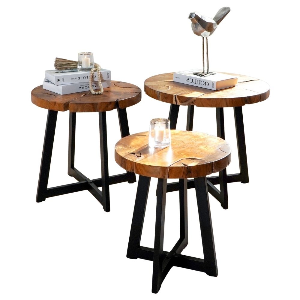 Runder Massivholz Beistelltisch BAGIAN 50cm Teak natural Metall