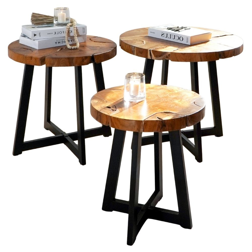 Runder Massivholz Beistelltisch BAGIAN 60cm Teak natural Metall