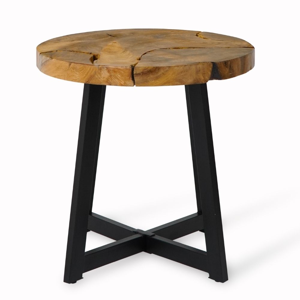 Runder Massivholz Beistelltisch BAGIAN 60cm Teak natural Metall