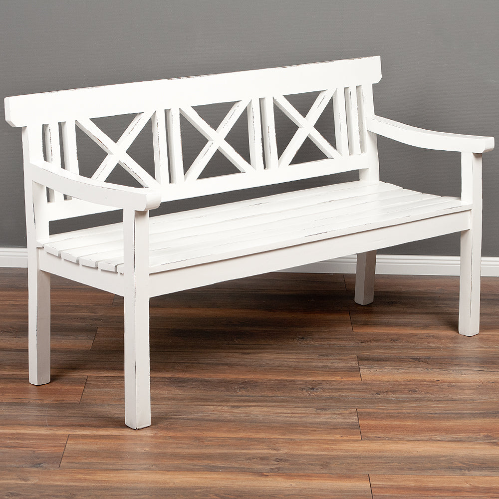 Massivholz 3-Sitzer Bank DRAHMA Antik-Weiß 150cm Shabby-Look