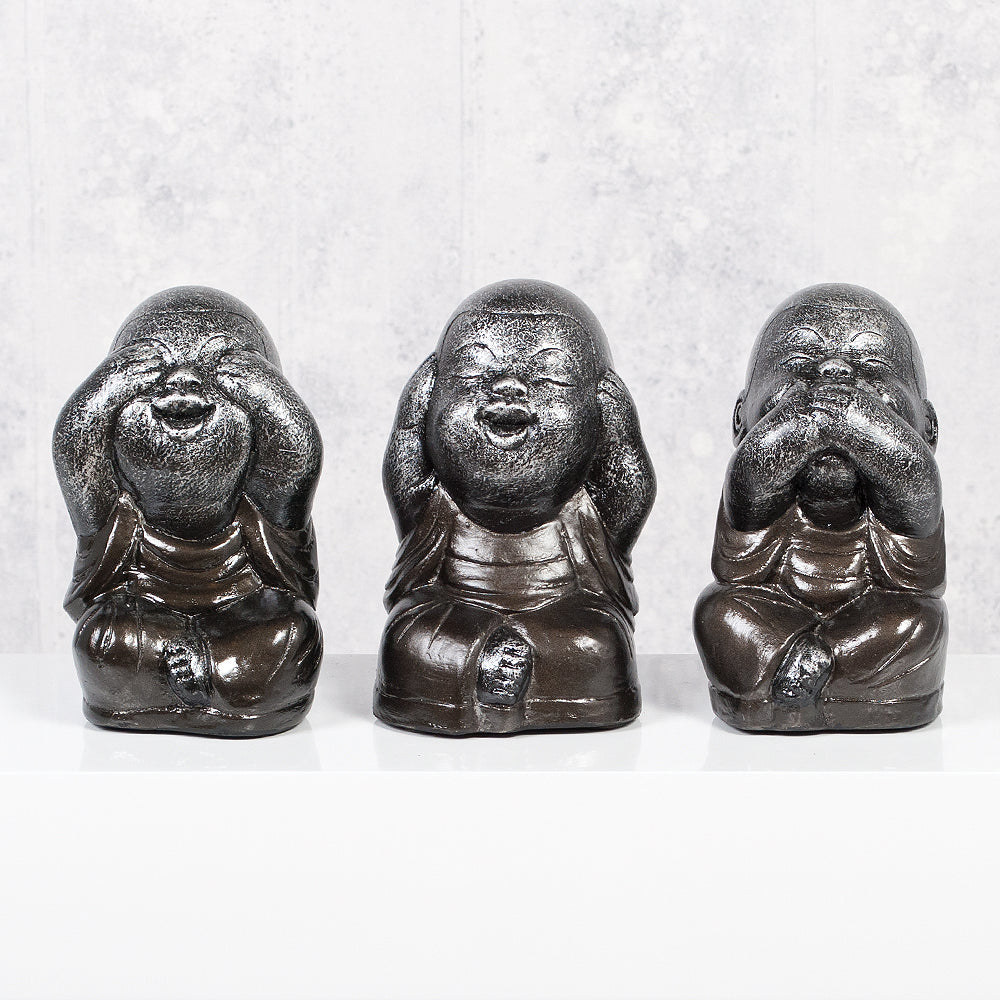 3er Set SHAOLIN Figuren Anthrazit aus Zement Buddha Wellness