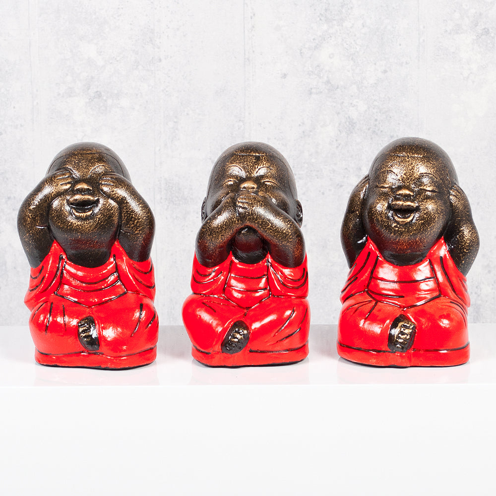 3er Set SHAOLIN Figuren Rot aus Zement Buddha Figur Dekoration