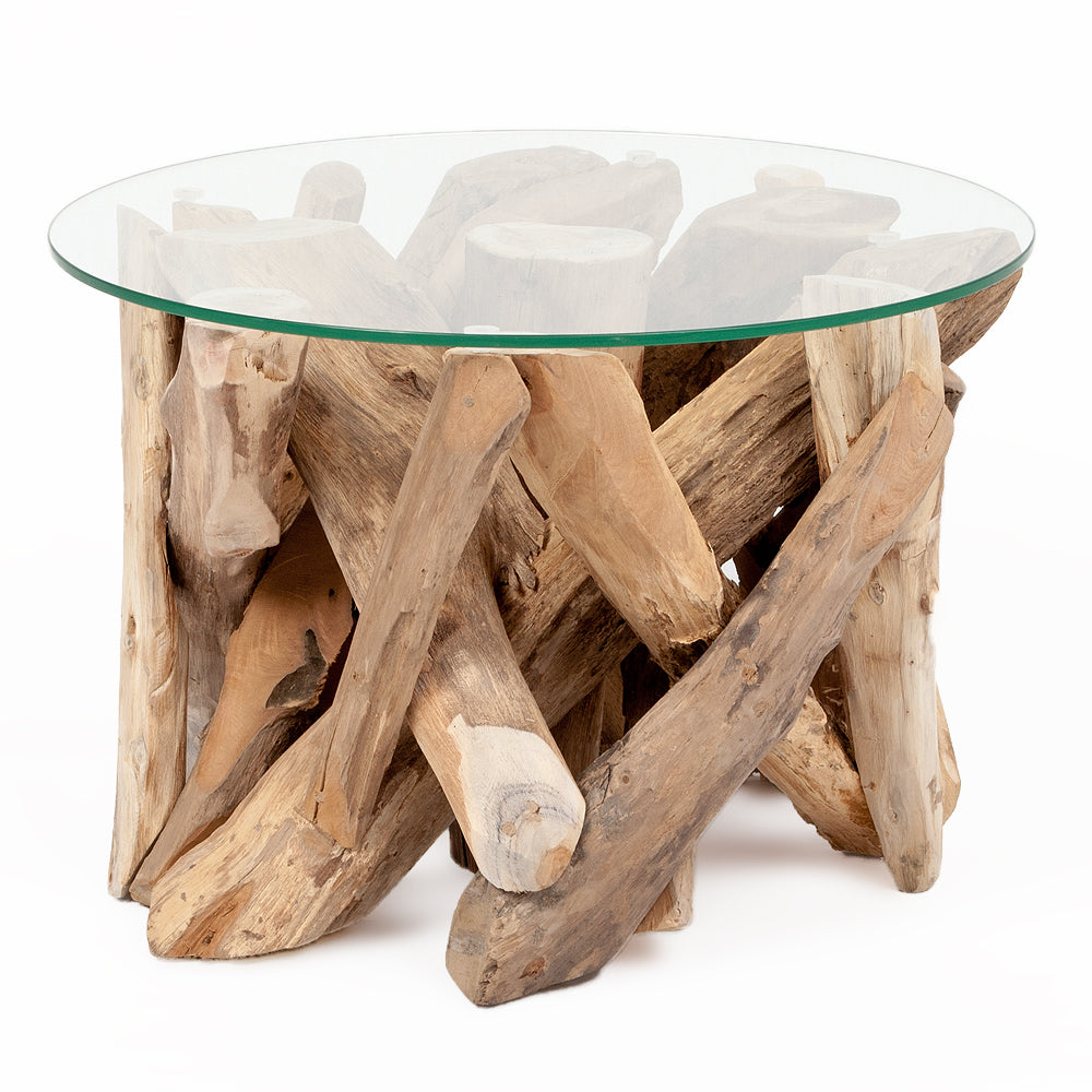 Individueller Couchtisch TORA Teakholz runde Glasplatte 60cm