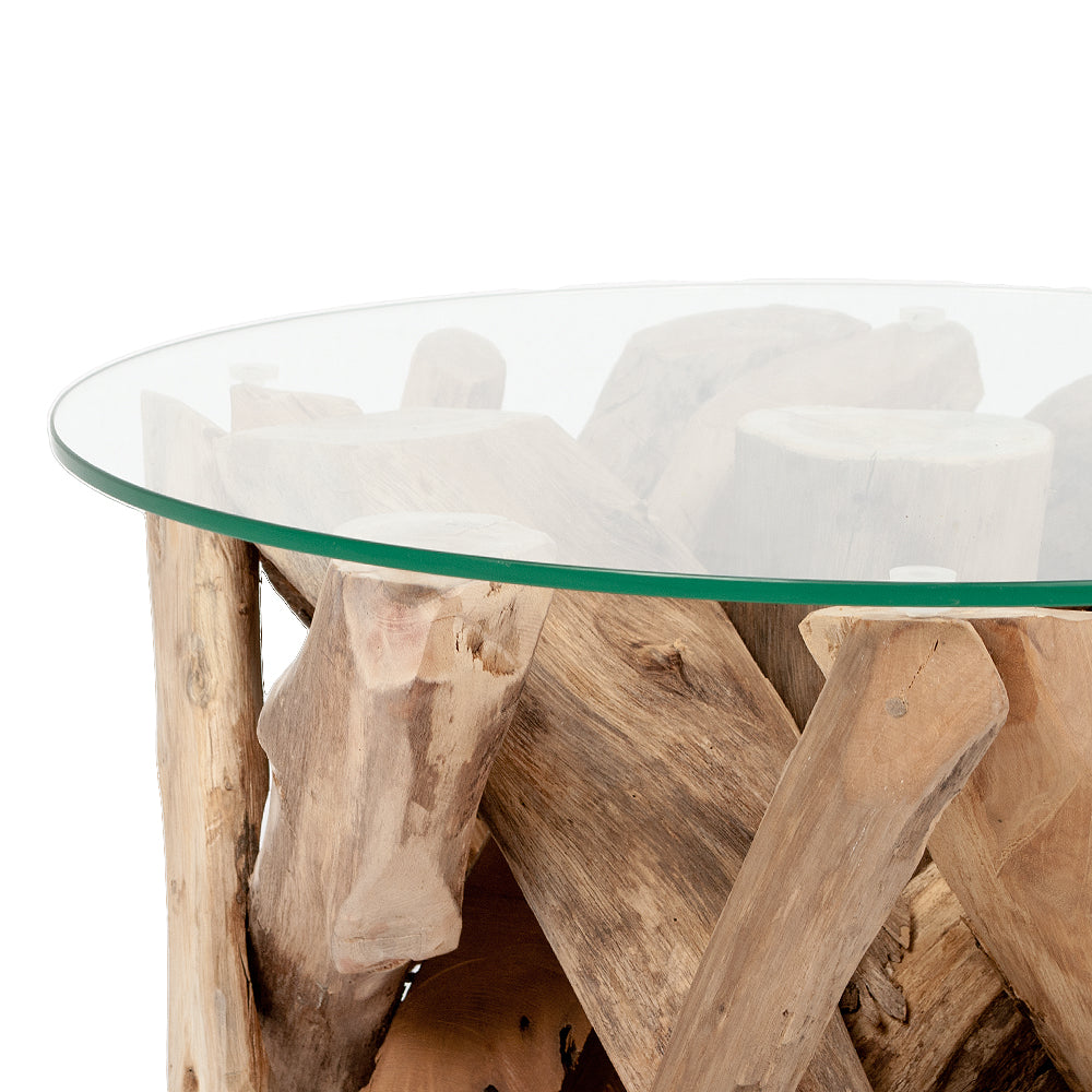 Individueller Couchtisch TORA Teakholz runde Glasplatte 60cm