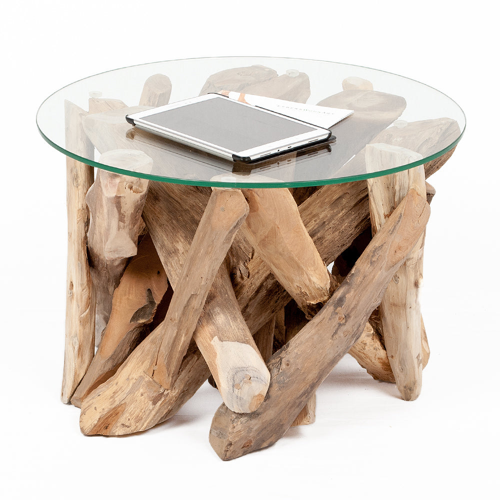 Individueller Couchtisch TORA Teakholz runde Glasplatte 60cm