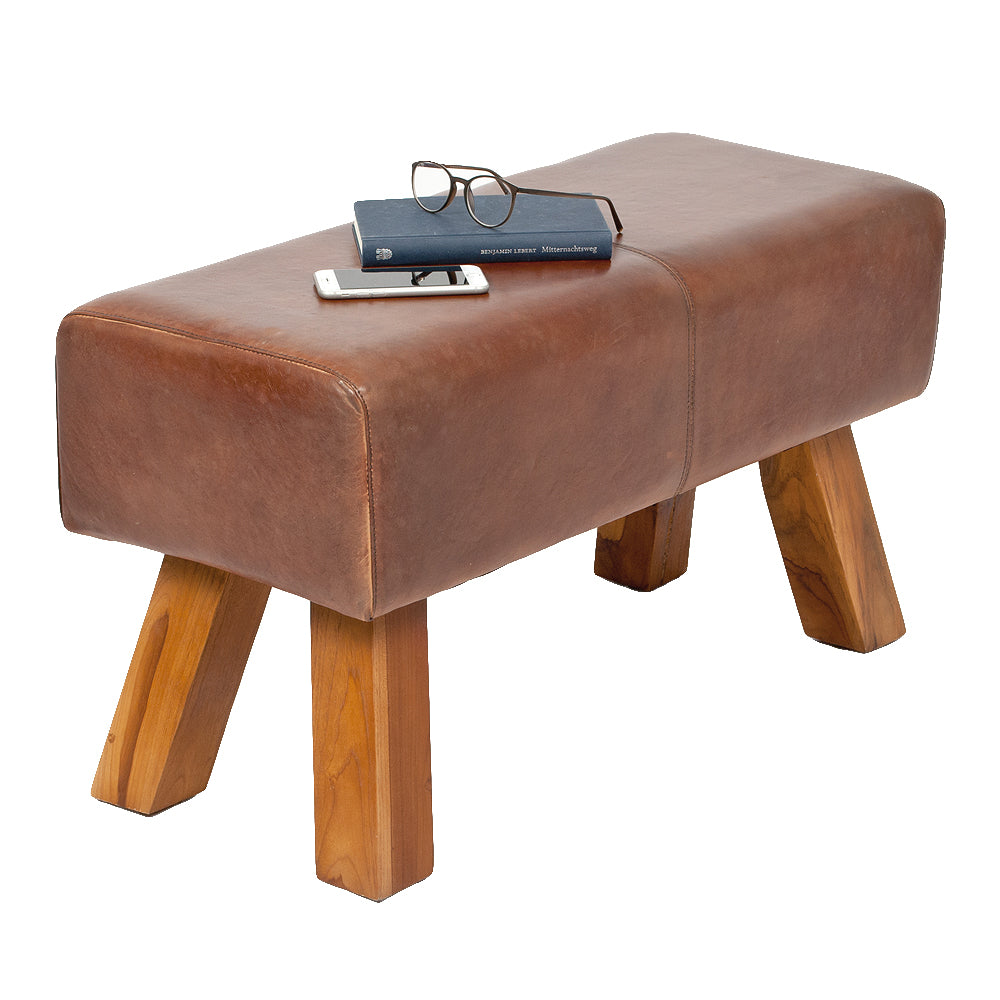 Leder Bank MAXI-M Cognac ca. L80cm Teak Sitzbank Turnbock